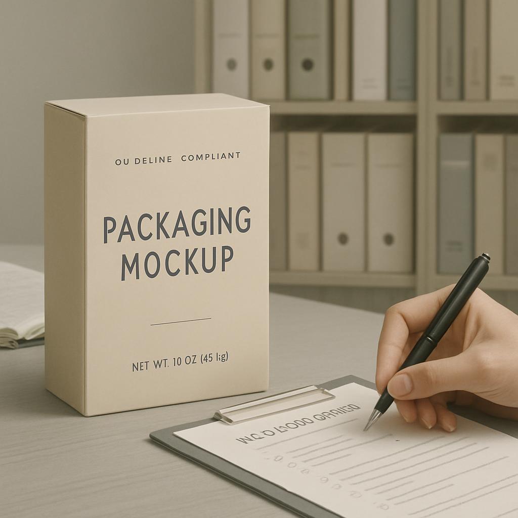 A close-up view of a desk with a pen atop a clipboard with a mockup of a packaging box on the clipboard as well. The box h...