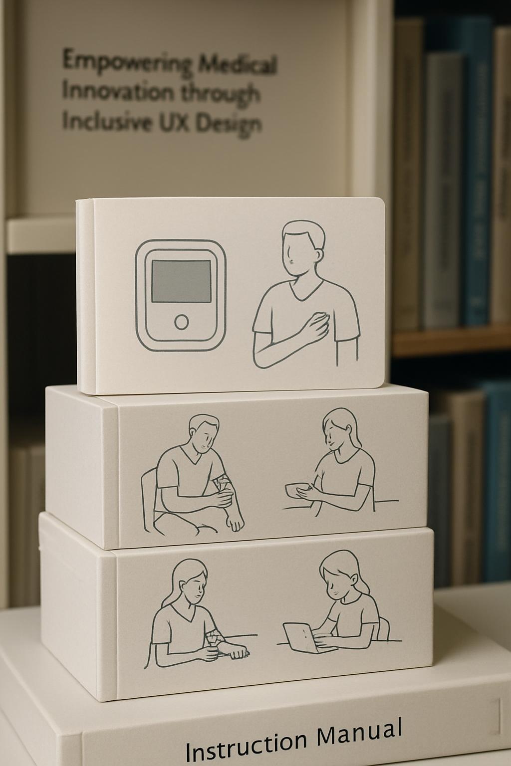 A stack of boxes with simple drawings and a bookshelf with a box that says "Empowering Medical Innovation through Inclusiv...