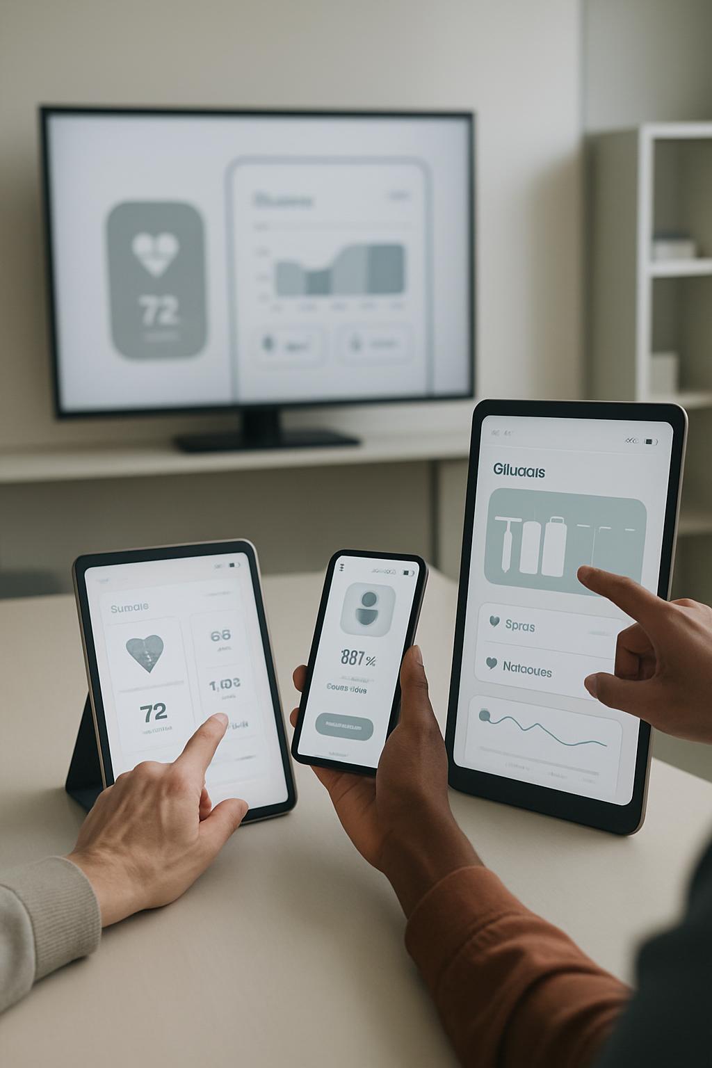 A group of people with various electronic devices displaying health data on the screens, individualized display of blood s...