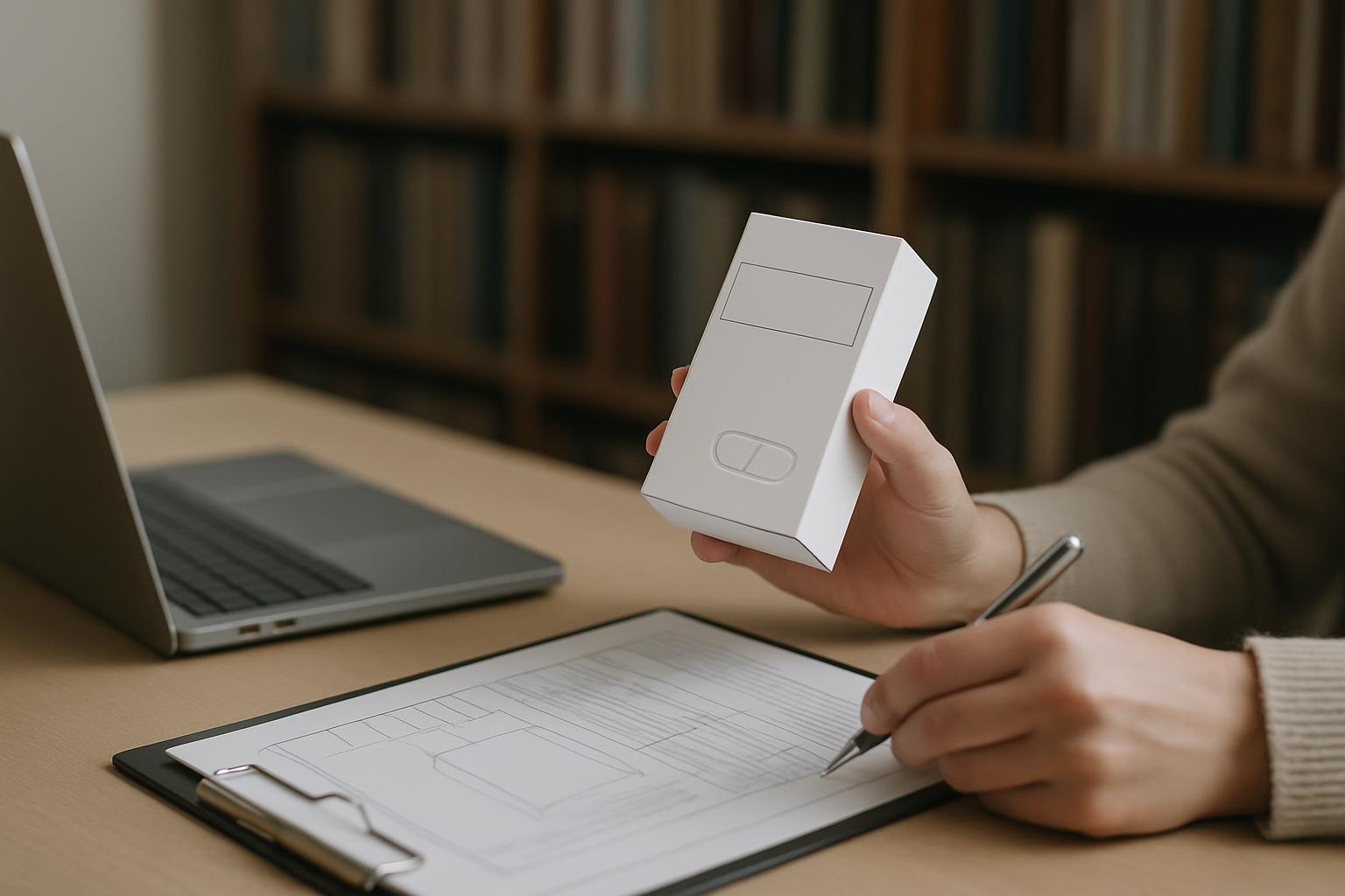 a person holding a small white device while drawing a blueprint with a laptop on the table.