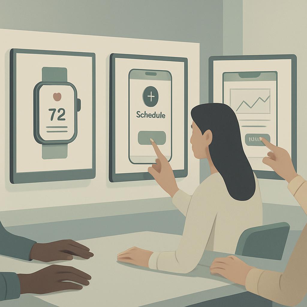 A group of people attending to medical software equipment.