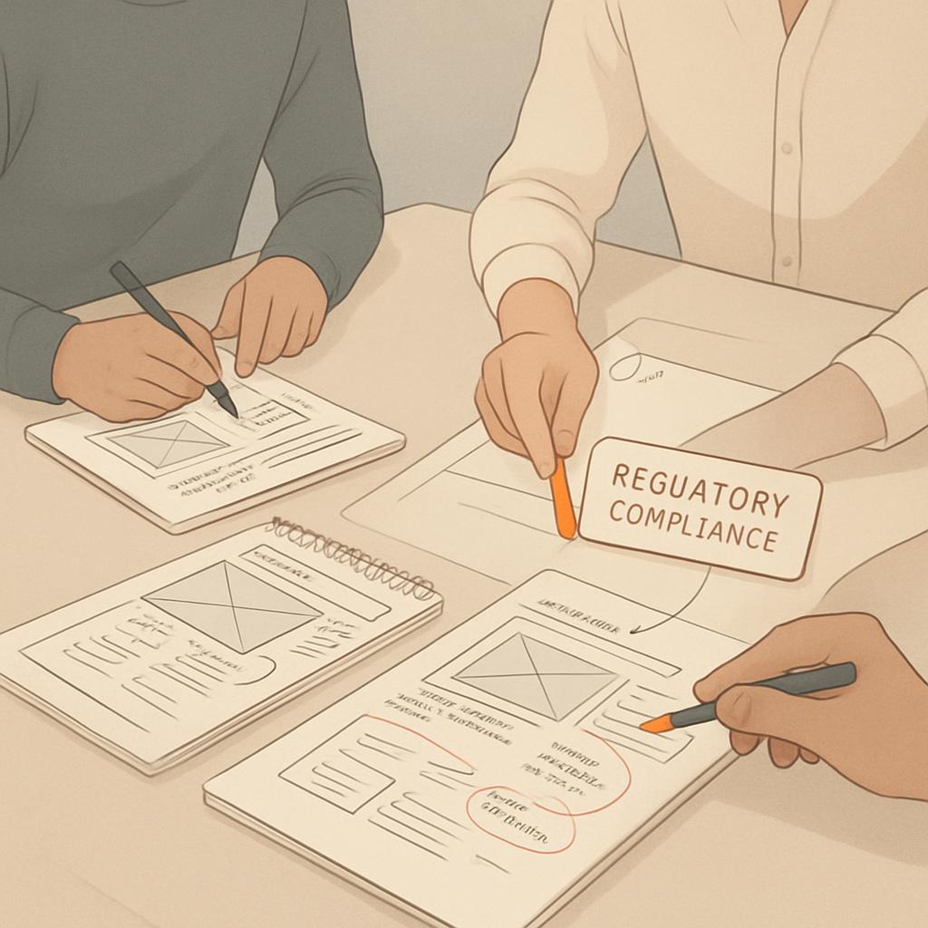 People are working on regulatory compliance documents or diagrams.