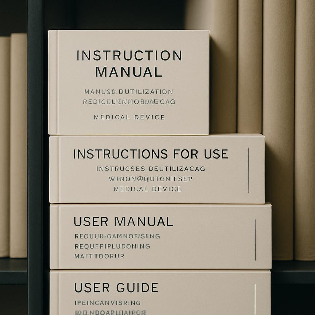 Books on a shelf, each with a card displaying the words "INSTRUCTION MANUAL," "INSTRUCTIONS FOR USE," "USER MANUAL," and "...