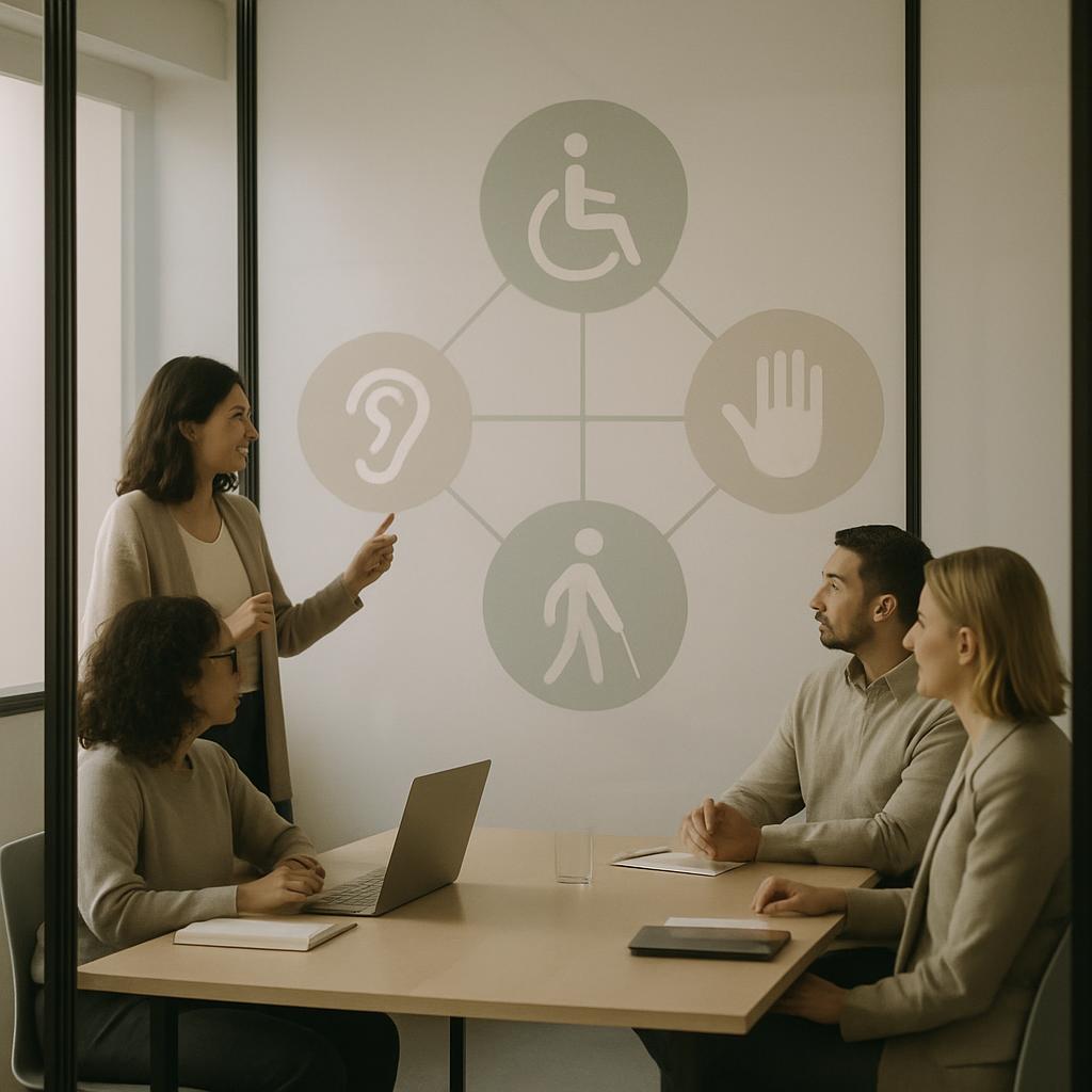 Four people in a conference room discussing a presentation with an illustrative infographic of a wheelchair, an ear, a han...