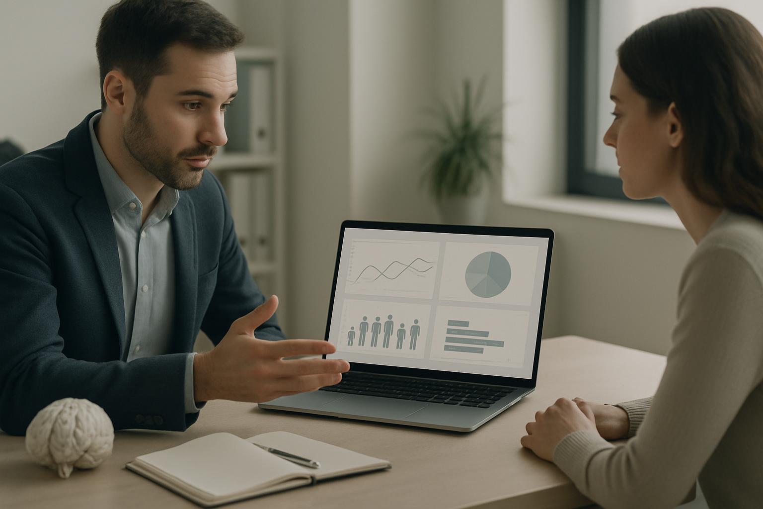 A man and woman sit at a desk in an office setting, as the man sits to the left and points to a laptop screen displaying f...