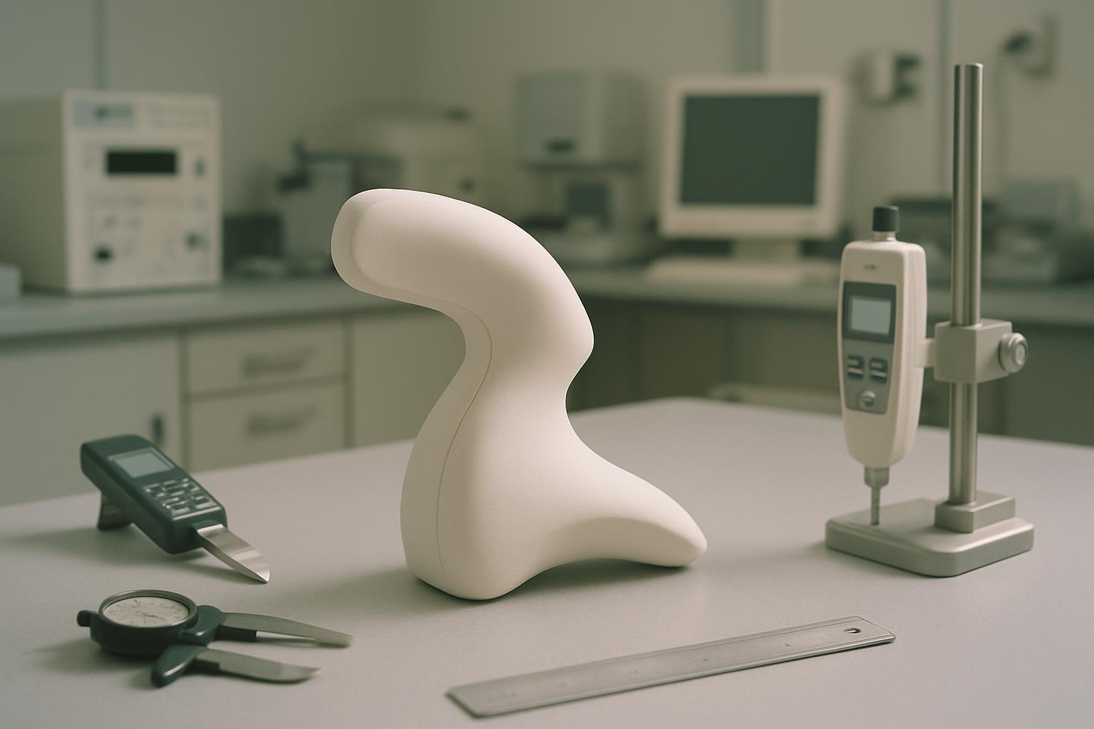 A selection of precision measuring tools on a light grey table, including a white calliper, a digital micrometer, a slip g...