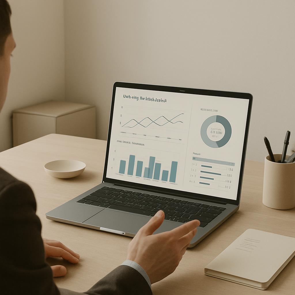Illustration of a person viewing a laptop computer chart on a table.